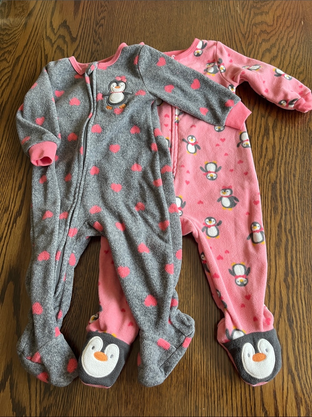 Absorba Penguin Footed One-Pieces in Pink and Gray